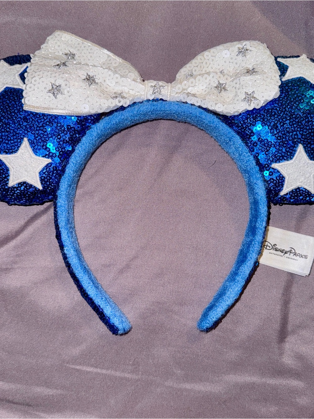 Disney Blue Sequin Star Ears Headband with White Star Bow